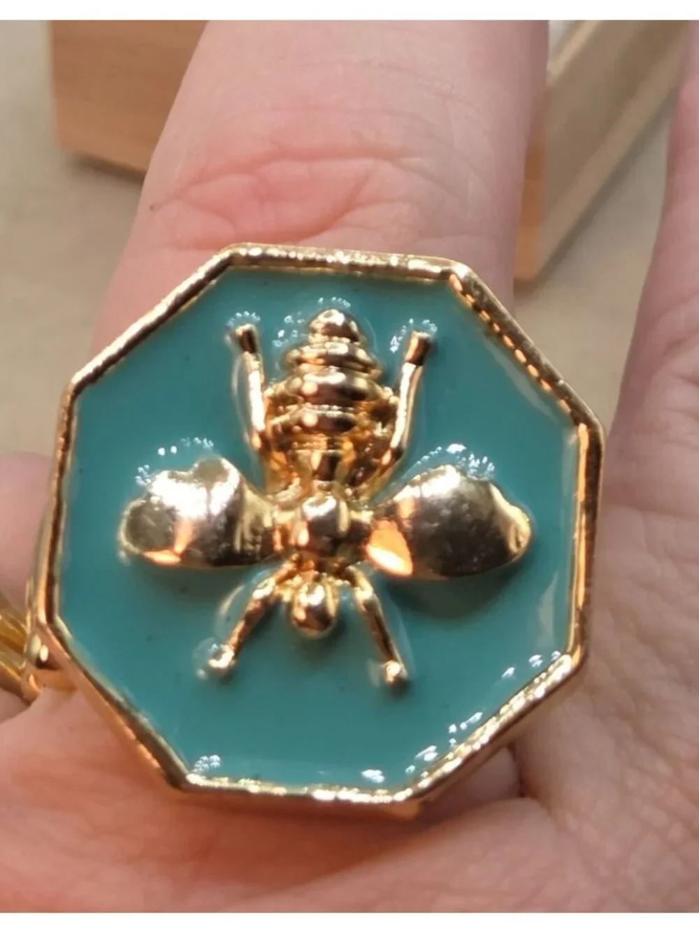 Gold-Tone Bee Ring With Turquoise Enamel Octagon Design Adjustable Size